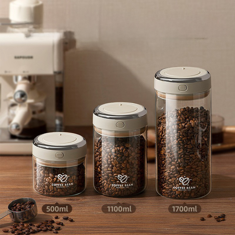 Food Storage Jar Glass - 500/1100/1700ml Wadah Vakum Biji Kopi dengan